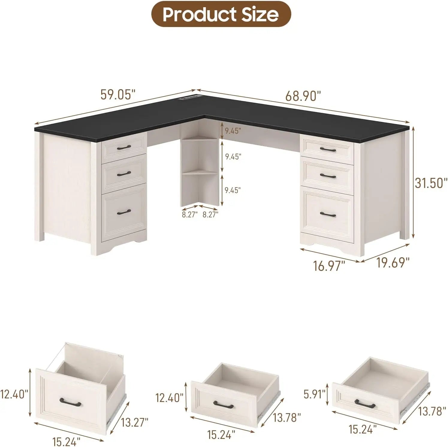 Wood L Shaped Executive Desk with 6 Drawers, Farmhouse Home Office Desk Desk Storage Shelf & Drawer File Cabinet, Black