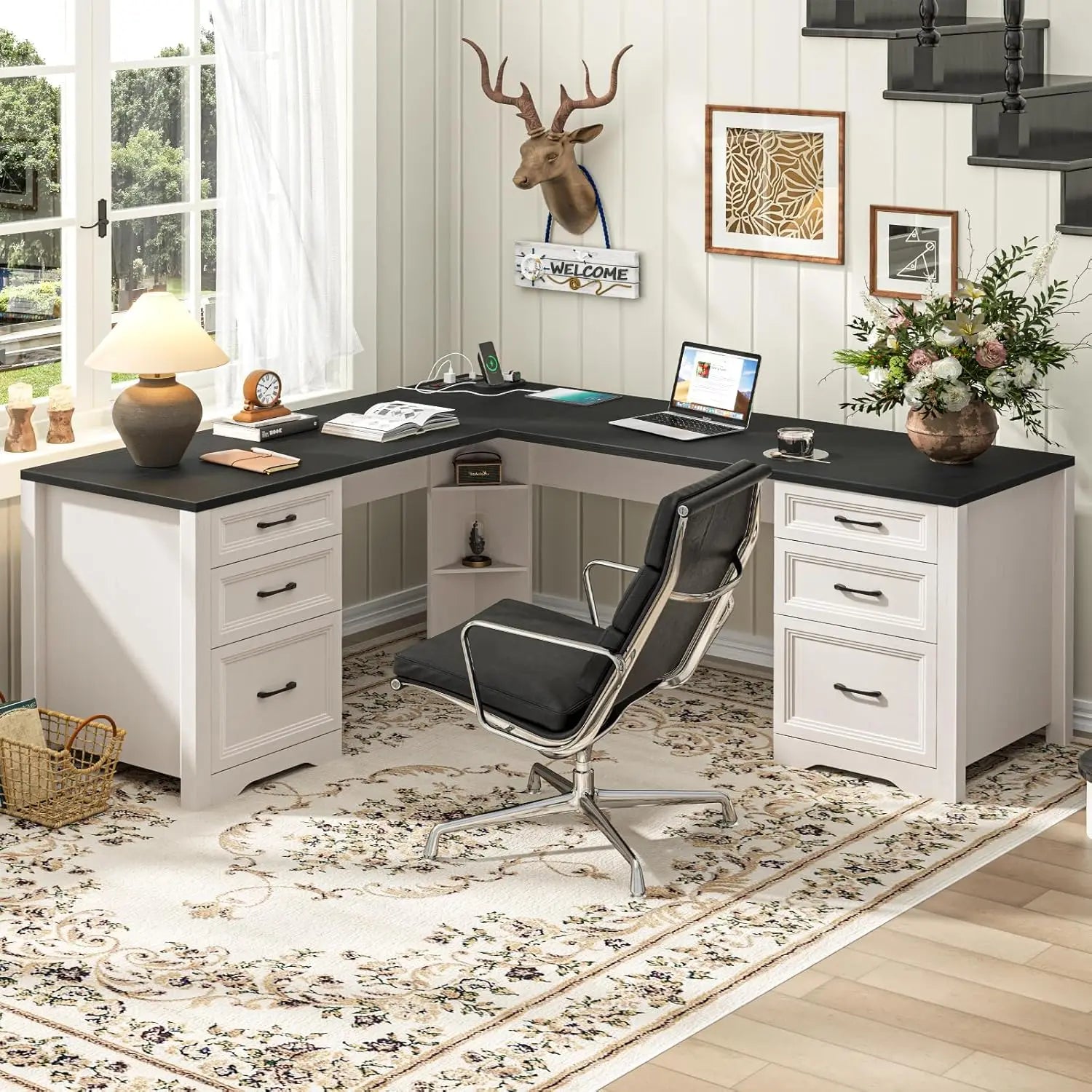 Wood L Shaped Executive Desk with 6 Drawers, Farmhouse Home Office Desk Desk Storage Shelf & Drawer File Cabinet, Black