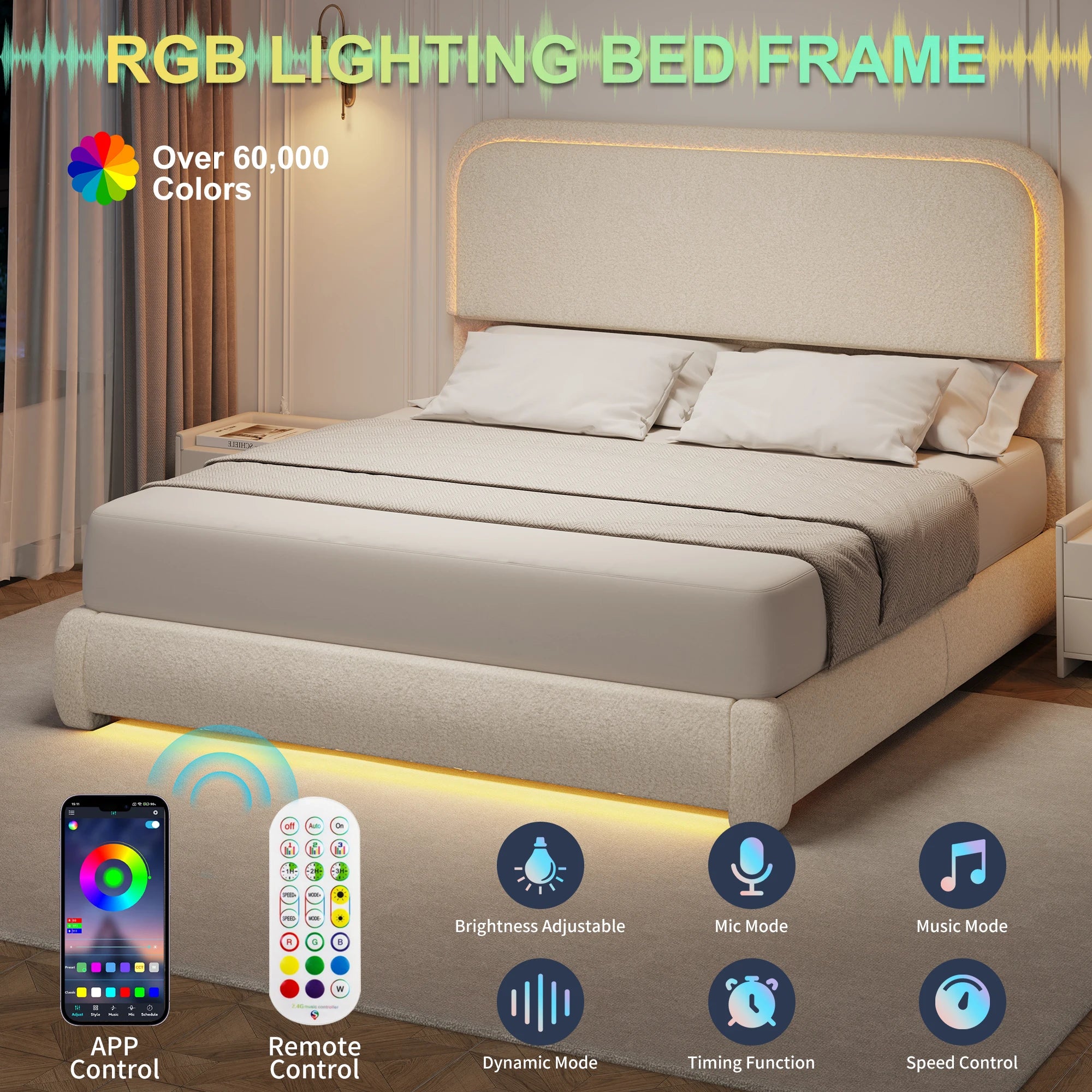 Full Size Teddy Upholstery LED Bed Frame