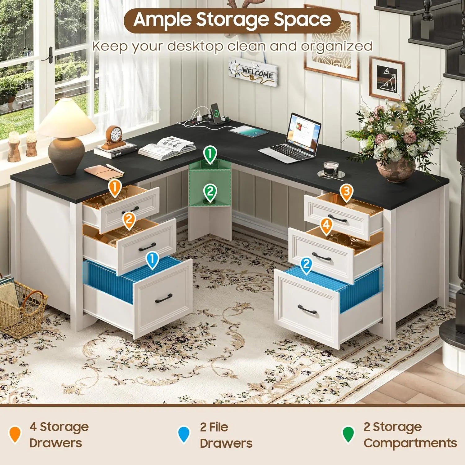 Wood L Shaped Executive Desk with 6 Drawers, Farmhouse Home Office Desk Desk Storage Shelf & Drawer File Cabinet, Black