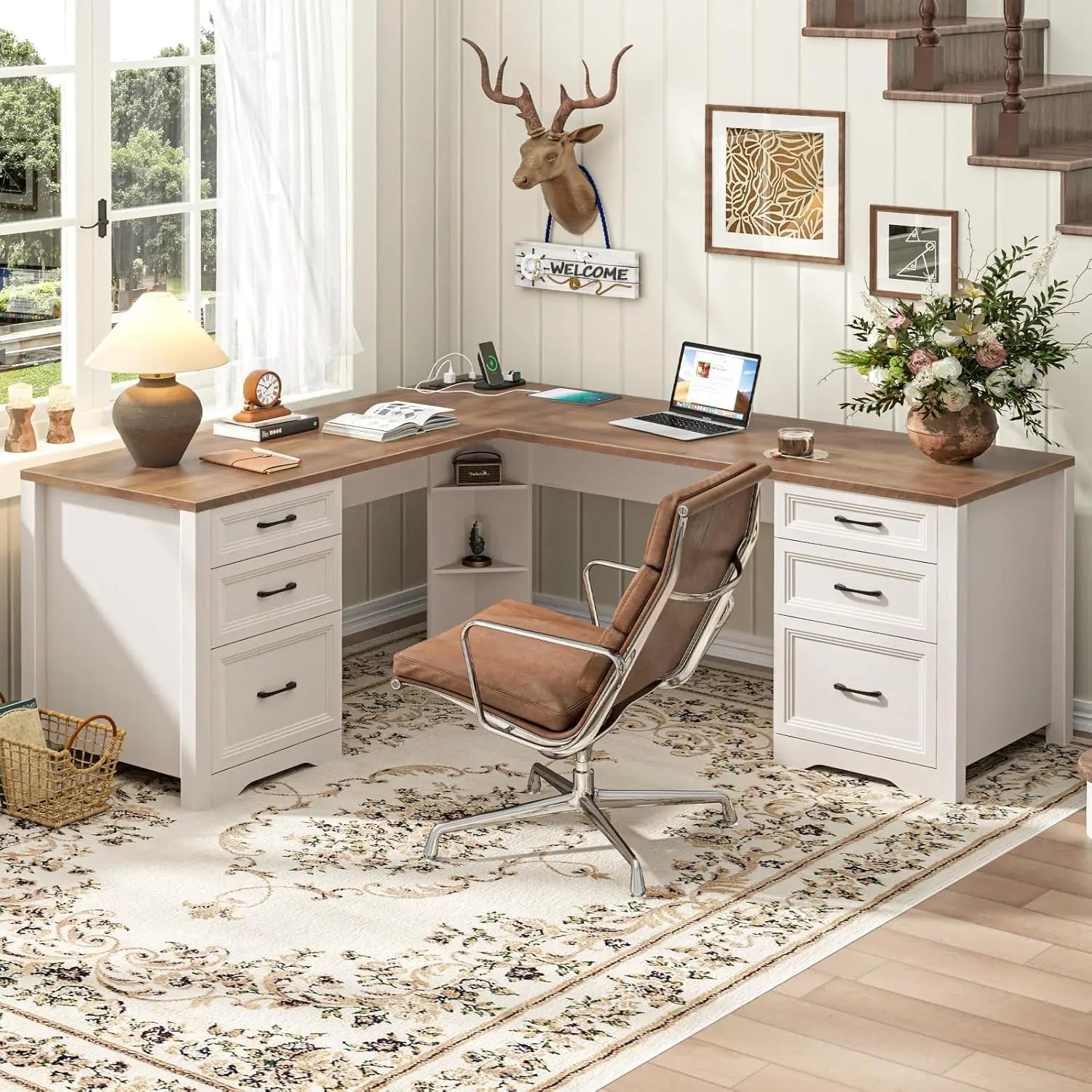 Wood L Shaped Executive Desk with 6 Drawers, Farmhouse Home Office Desk Desk Storage Shelf & Drawer File Cabinet, Black