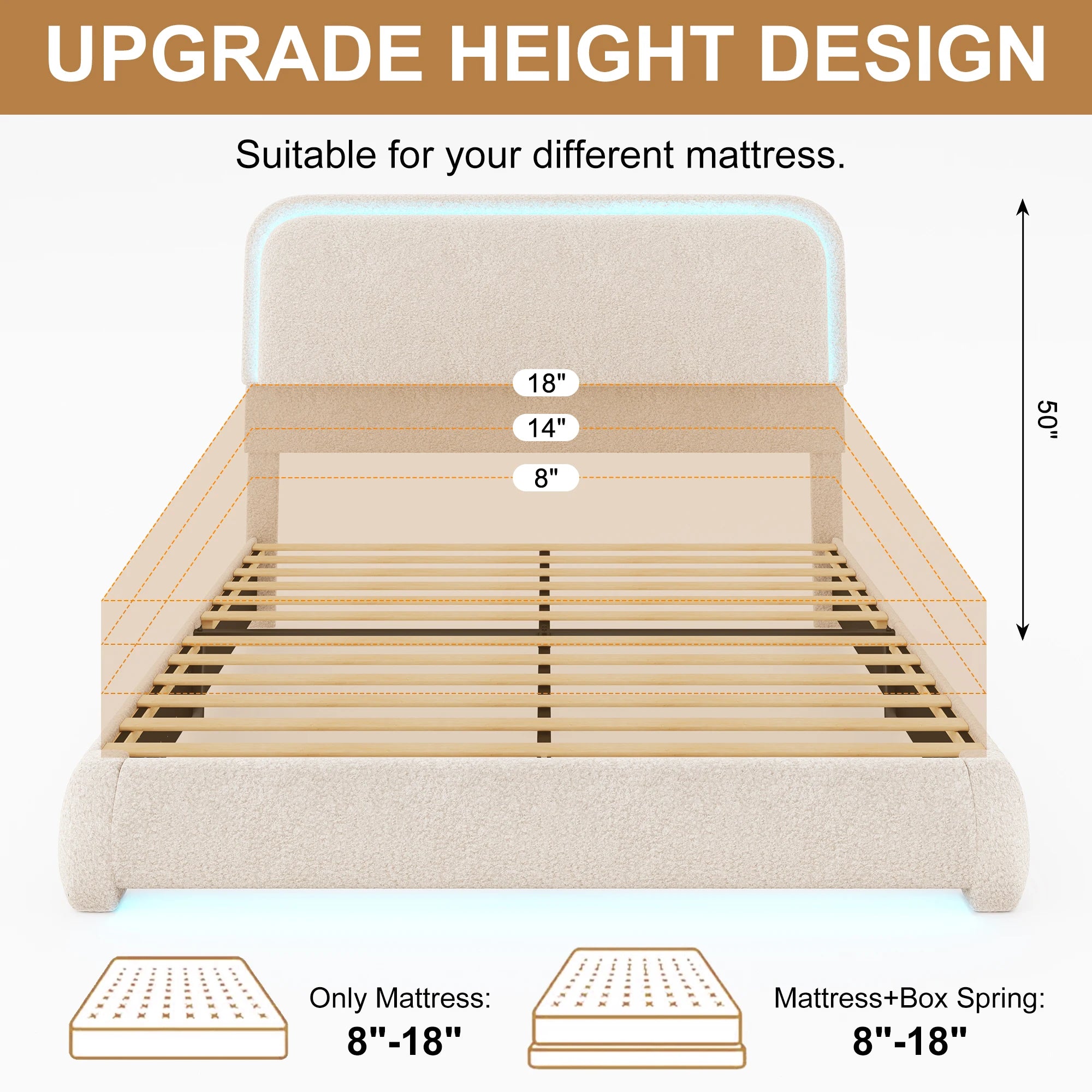 Twin Size Teddy Upholstery LED Bed Frame