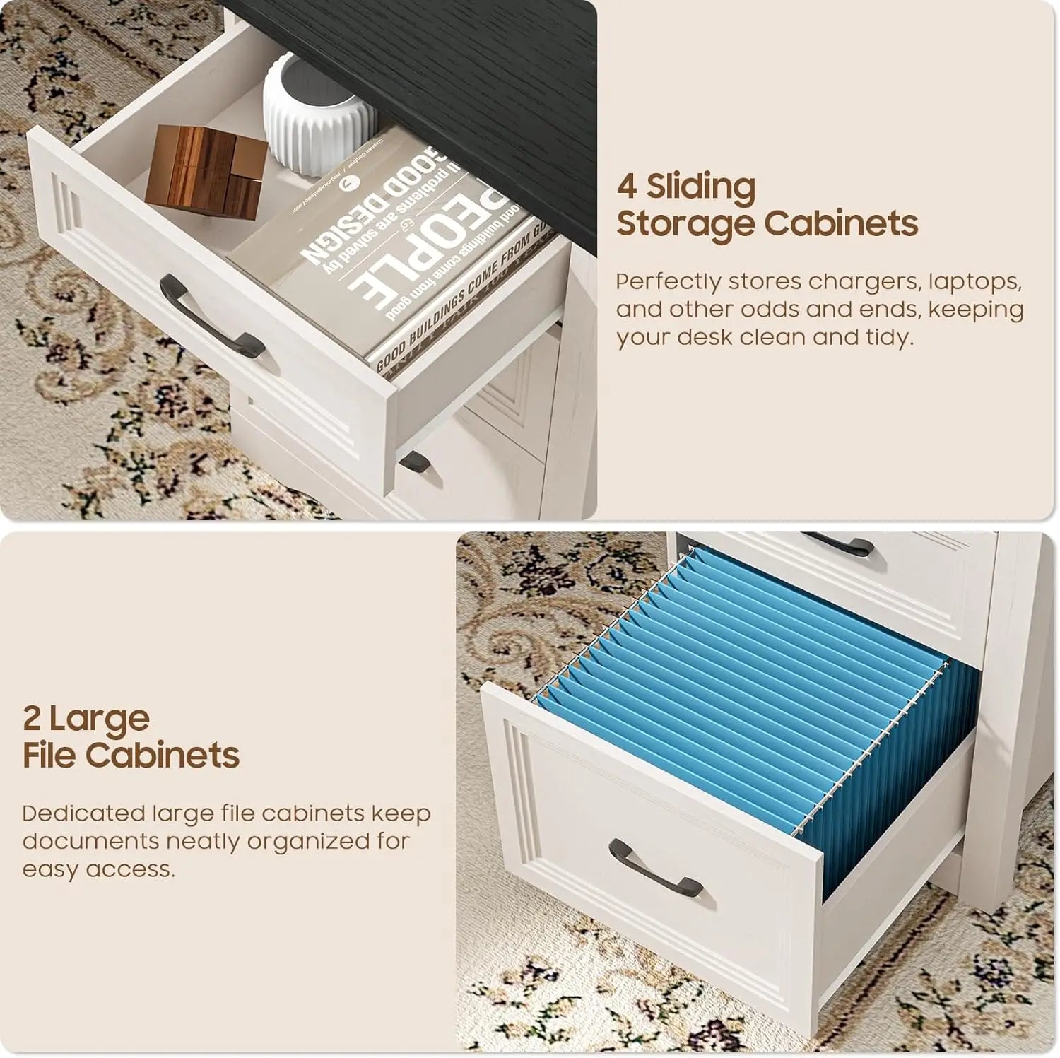 Wood L Shaped Executive Desk with 6 Drawers, Farmhouse Home Office Desk Desk Storage Shelf & Drawer File Cabinet, Black