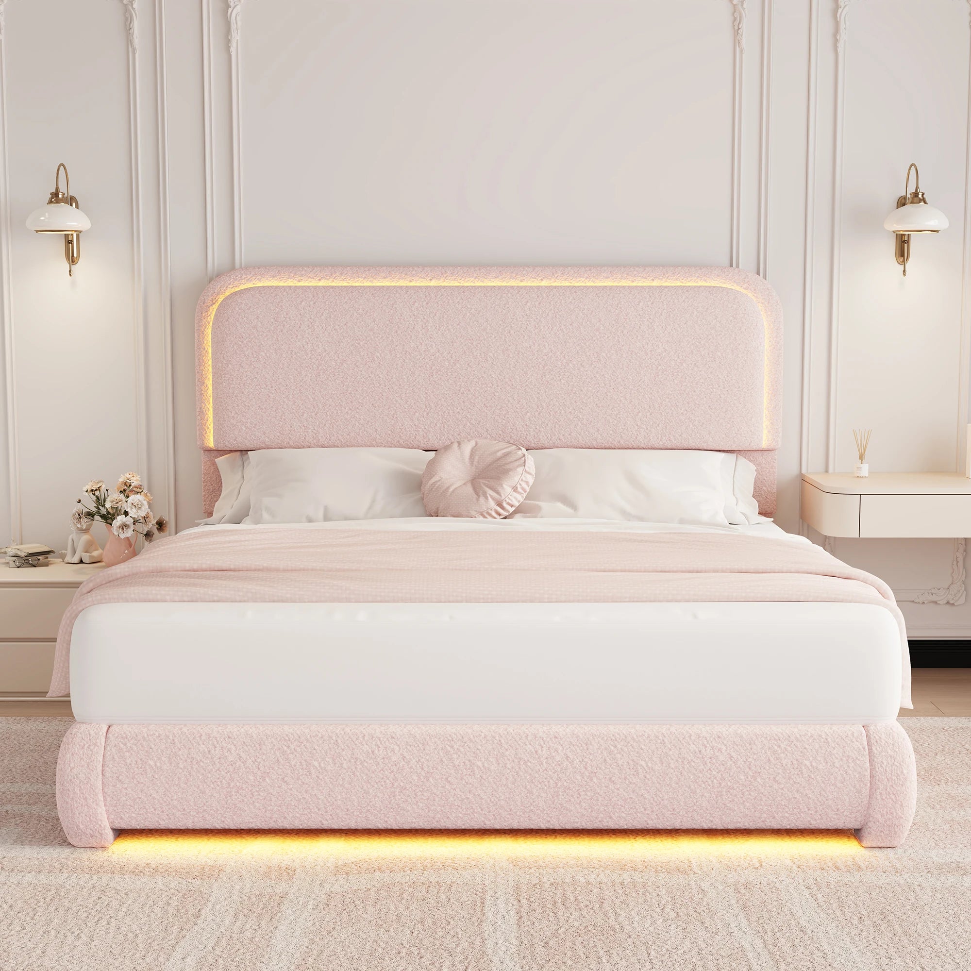 Twin Size Teddy Upholstery LED Bed Frame